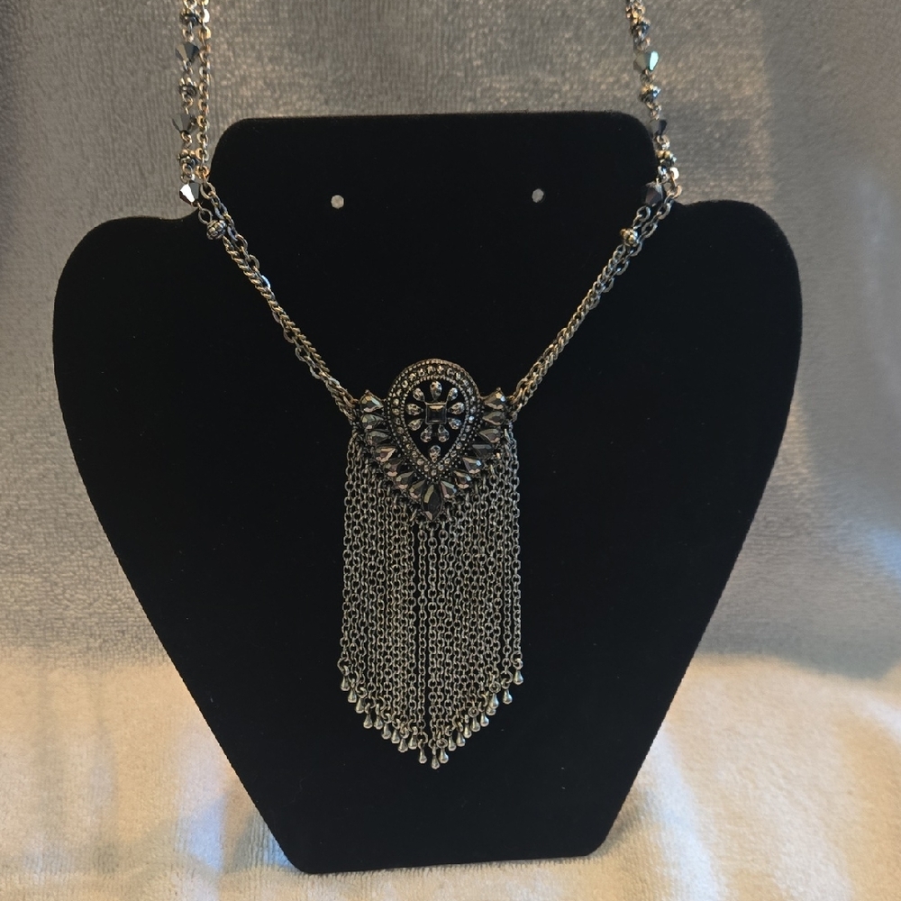 32" Silver Beaded Pendant Necklace with Chain Fringe